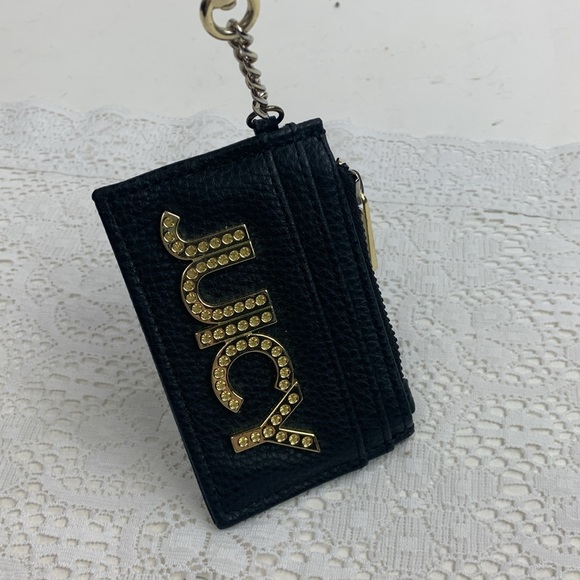 Juicy Couture Keychain Card Holder Wallet Zip close Heart clasp Black Gold - Picture 8 of 10